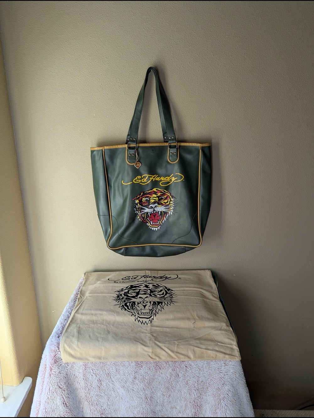 Vintage Ed Hardy Green Tiger Tote with Yellow Trim